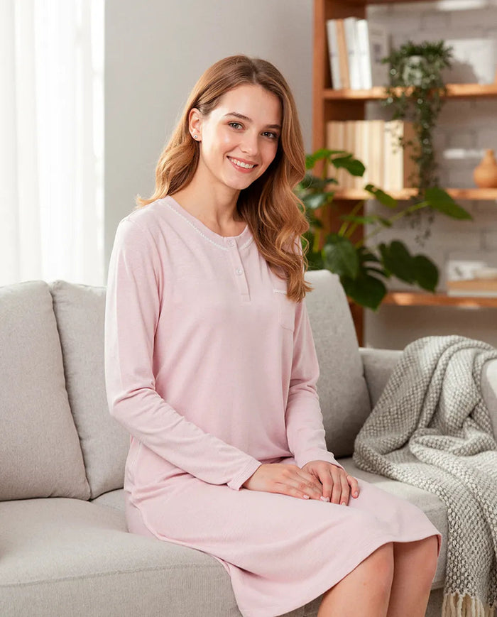 ✅ Camisón de manga larga melange rosa escote en pico | LOHE ®