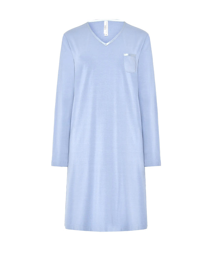 Camisón Lohe de manga larga tejido modal azul acero, escote en pico con raso y  bolsillo