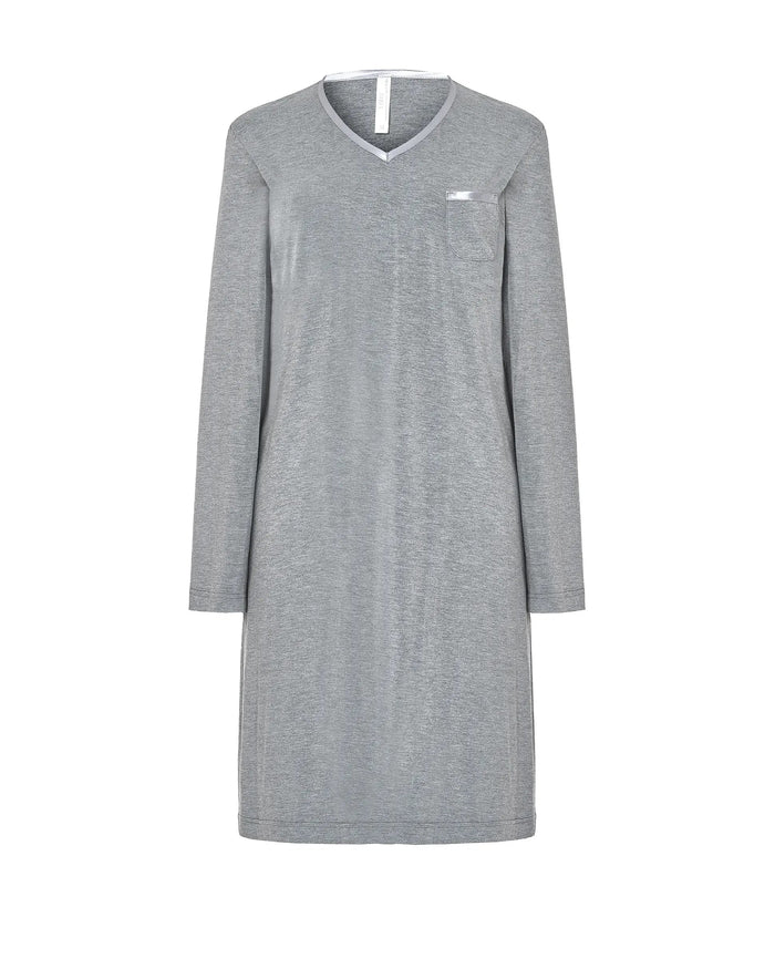 Camisón Lohe de manga larga tejido modal gris, escote en pico con raso y  bolsillo