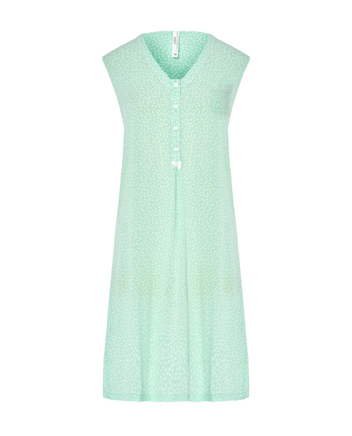 Camisón corto de mujer sin mangas jacquard de viscosa verde claro a topitos con bolsillo, cuello abierto con pata y botones