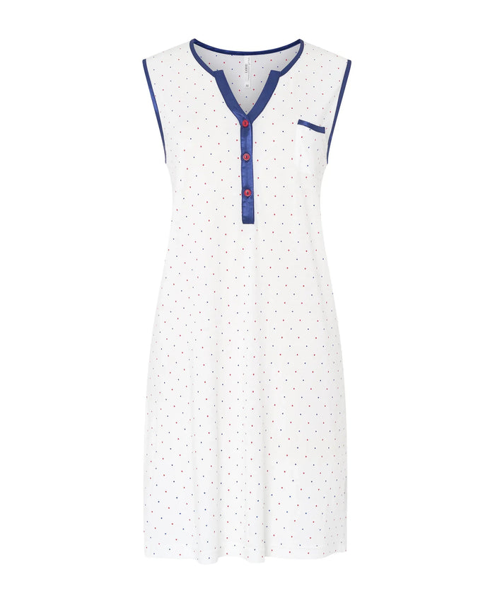 Camisón corto sin mangas de verano de algodón modal a topitos, cuello abierto con pata de raso marino y botones.