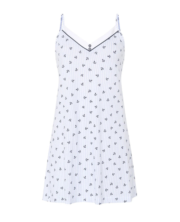Camisón corto de mujer Lohe, tejido algodón modal estampado anclas, con vivo y tirantes.