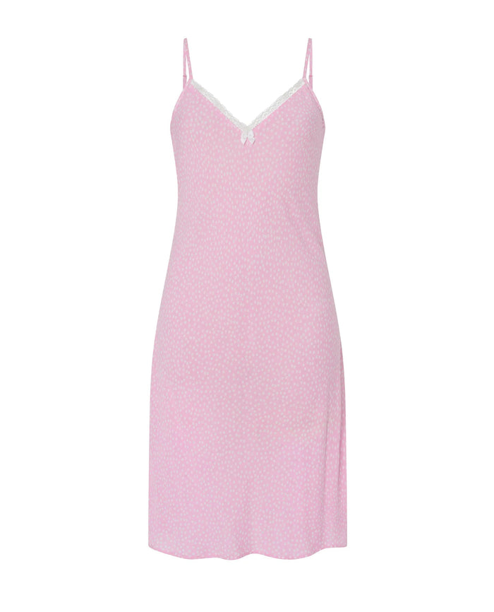 Camisón corto de mujer Lohe, tejido jacquard rosa de viscosa estampado topitos, puntilla en escote y tirantes.