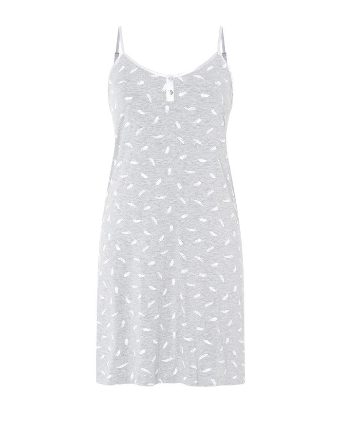 Camisola corta de tirantes de vigoré gris con estampado de plumas
