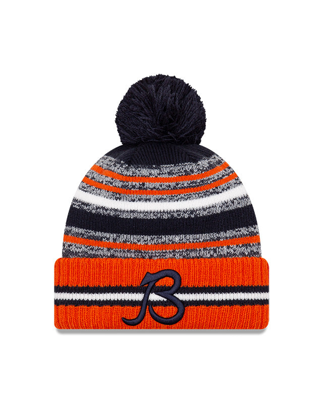 Chicago Bears B Logo New Era 2021 NFL Sideline - Sport Official Pom Cuffed Knit Hat - Orange/Navy