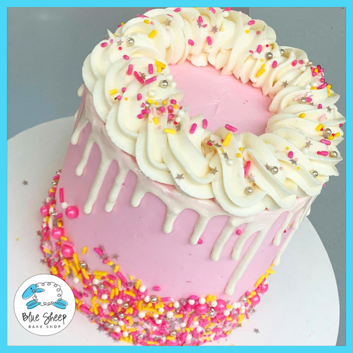 pink confetti to go cake
