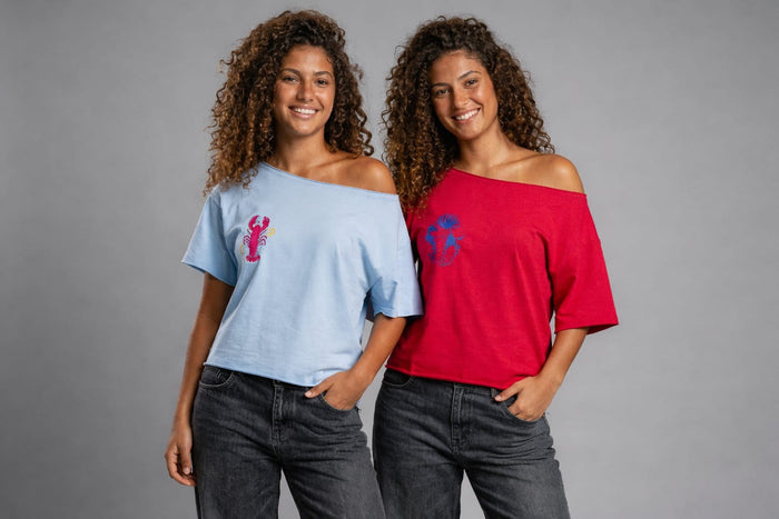 Cotton TShirt- Sky Blue Off Shoulder-Lobster