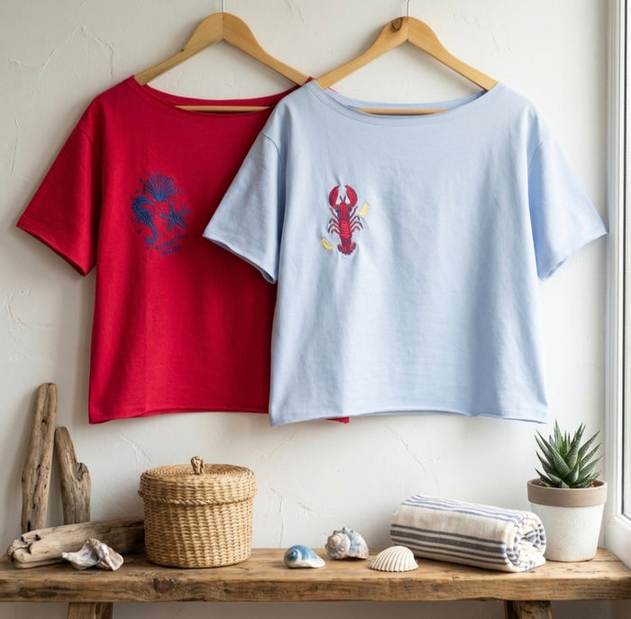 Cotton TShirt- Sky Blue Off Shoulder-Lobster