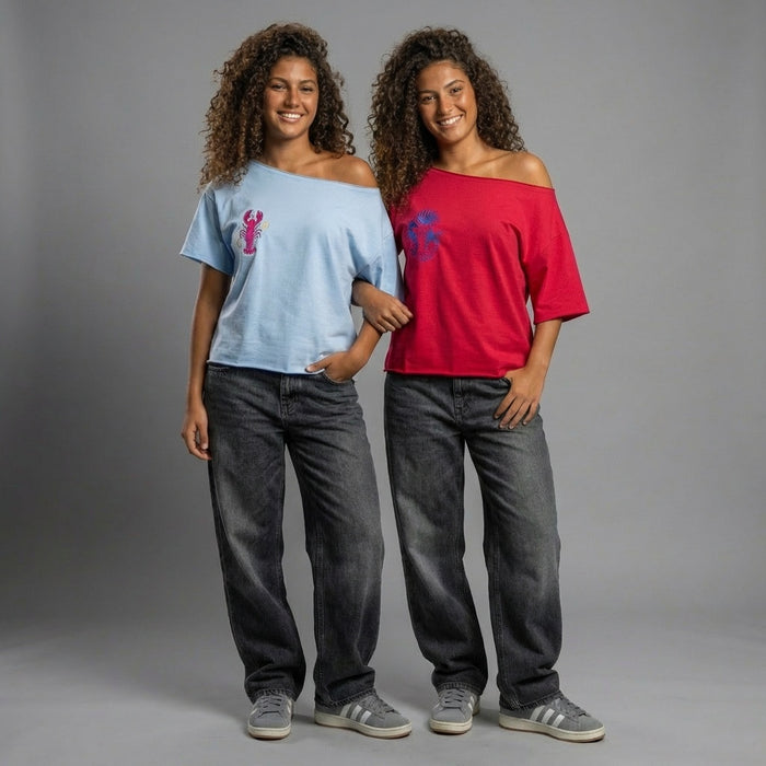 Cotton TShirt-Red Off Shoulder-Sea Horse