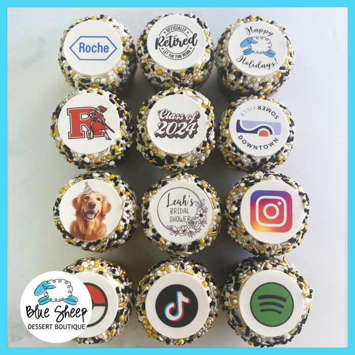 Custom logo cupcakes with image toppers and sprinkle rims by Blue Sheep Bake Shop in Somerville NJ