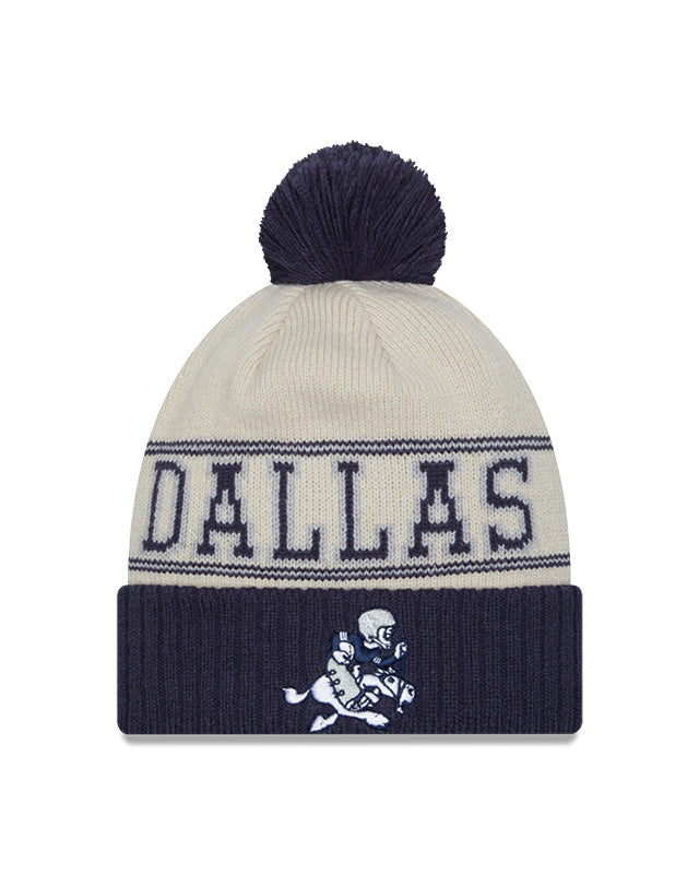 Dallas Cowboys New Era 2023 Sideline Historic Pom Cuffed Knit Hat - Cream/Navy