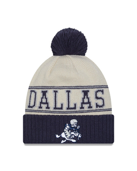 Dallas Cowboys New Era 2023 Sideline Historic Pom Cuffed Knit Hat - Cream/Navy