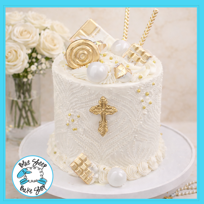 Luxury first communion cake with gold cross and chocolate decorations from Blue Sheep Bake Shop in Somerville NJ
