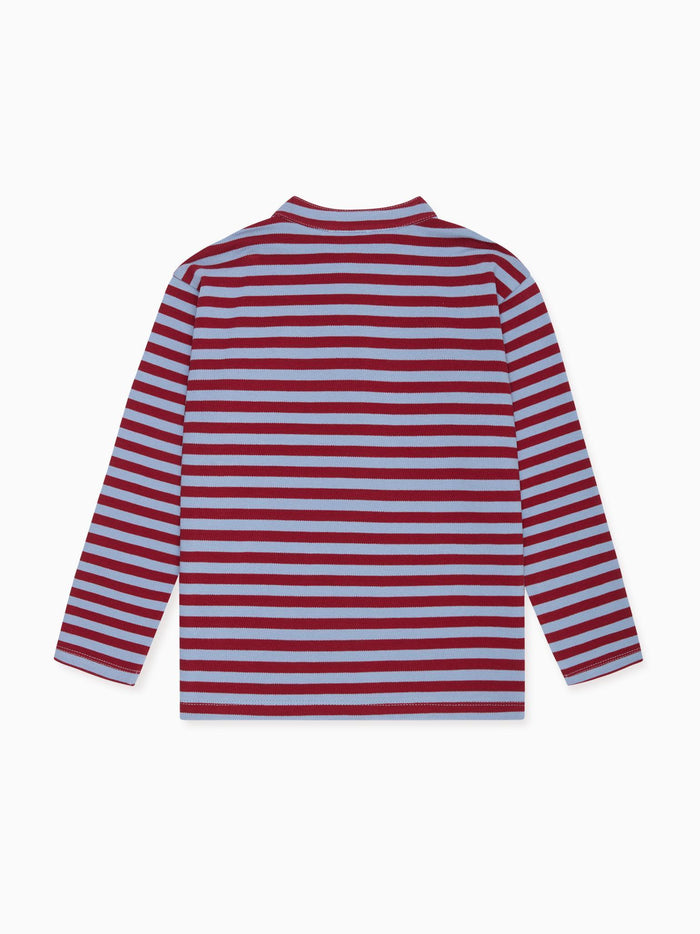 Dusty Blue & Burgundy Stripe Alcomo Long Sleeve Boy Polo Shirt