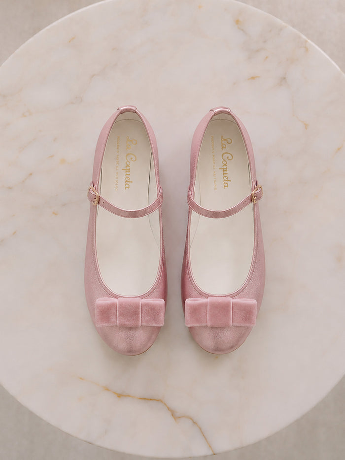 Dusty Pink Leather Girl Bow Mary Jane Shoes