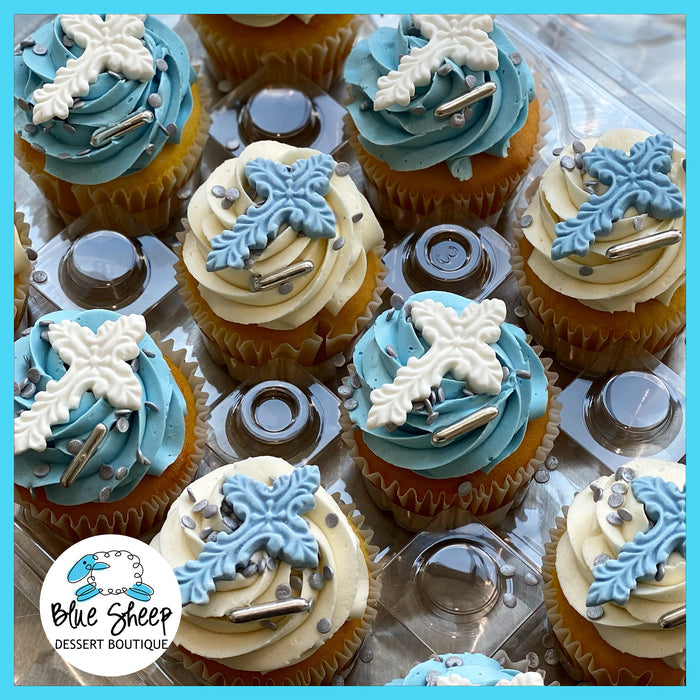 filigree cross baptism cupcakes