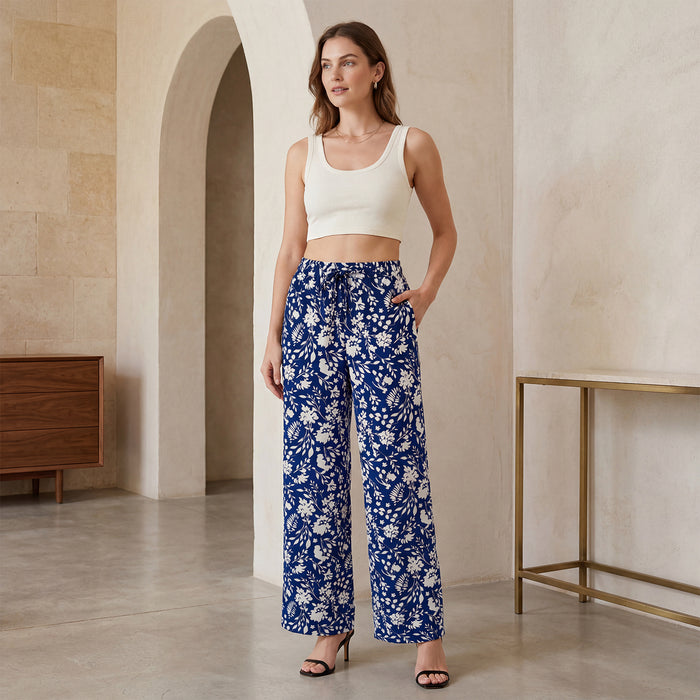 Floral Printed Palazzo for Women | Comfortable Fit (Navy)