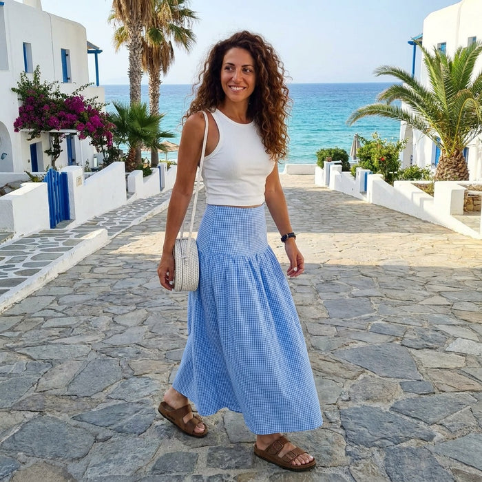 Gingham Checked Skirt-Light Blue