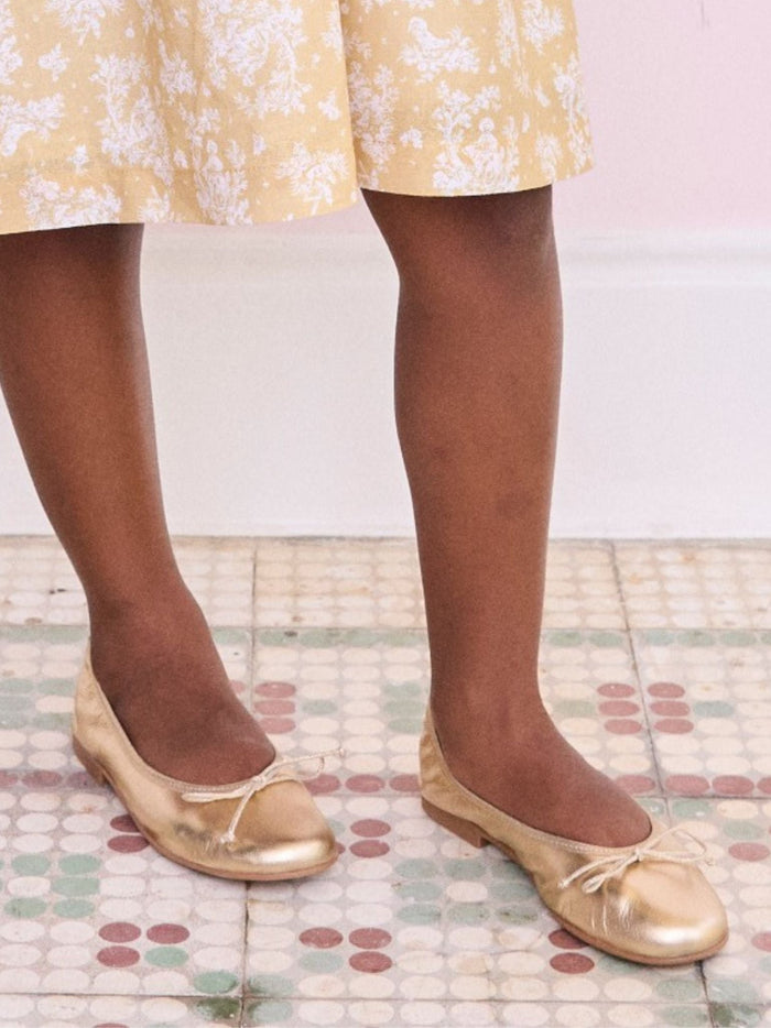 Gold Leather Girl Bow Ballerina Shoes