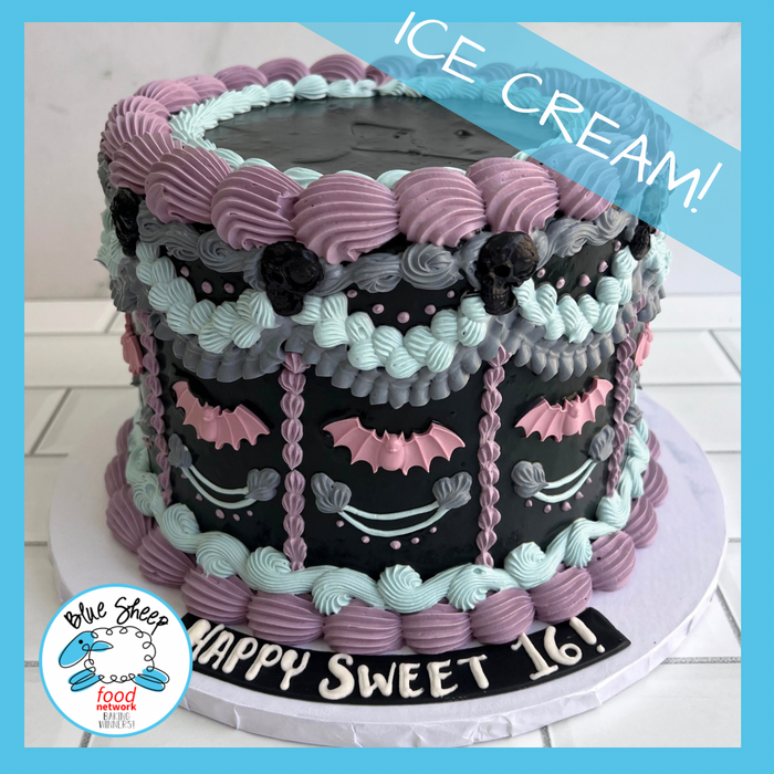 Gothic Sweet 16 cake with black, purple, and mint green decoration featuring bats, skulls, and ice cream.