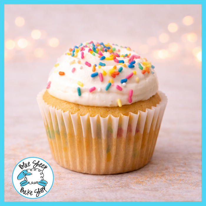Funfetti vanilla sprinkle cupcake with vanilla buttercream and rainbow sprinkles from Blue Sheep Bake Shop in Somerville NJ