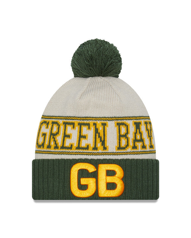 Green Bay Packers New Era 2023 Sideline Historic Pom Cuffed Knit Hat - Cream/Green