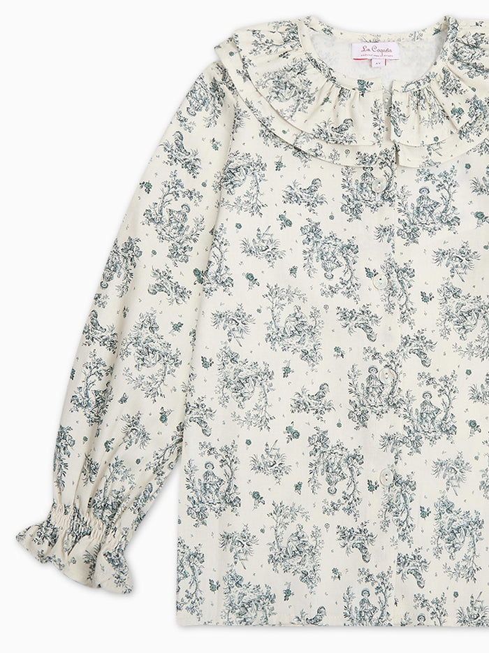 Green Toile Du Jouy Lila Long Sleeve Girl Shirt