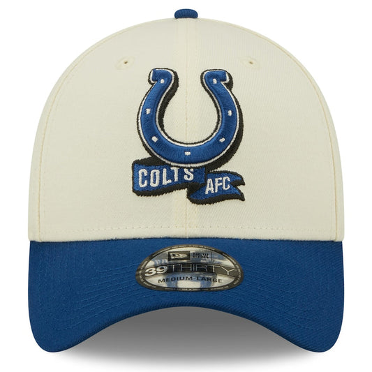 Indianapolis Colts 2022 Sideline New Era Cream/Royal - 39THIRTY 2-Tone Flex Hat