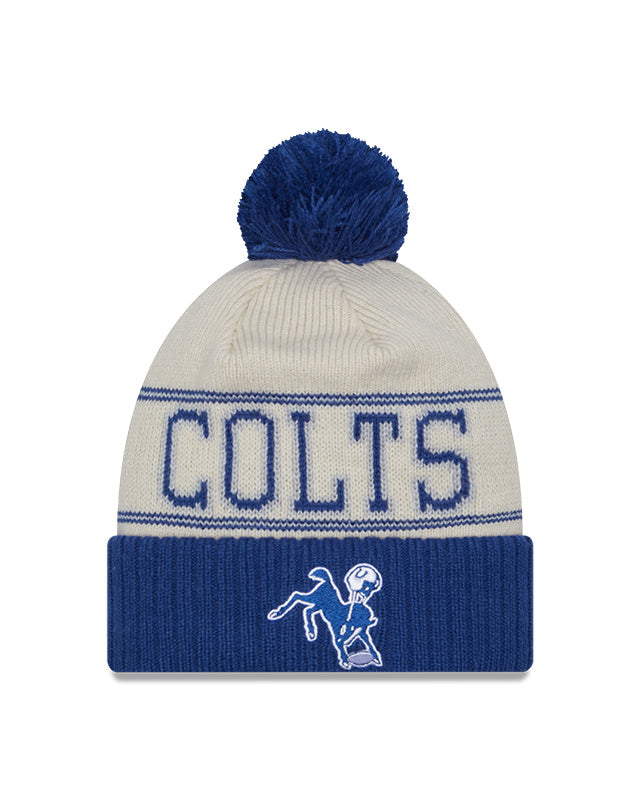 Indianapolis Colts New Era 2023 Sideline Historic Pom Cuffed Knit Hat - Cream/Royal