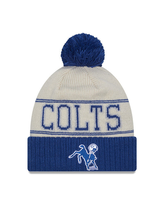 Indianapolis Colts New Era 2023 Sideline Historic Pom Cuffed Knit Hat - Cream/Royal