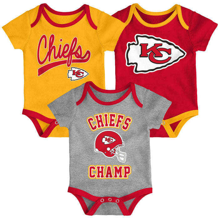 Infant Kansas City Chiefs Red/Gold/Heathered Gray Champ 3-Piece Bodysuit Set