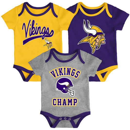 Infant Minnesota Vikings Gold/Purple/Heathered Gray Champ 3-Piece Bodysuit Set