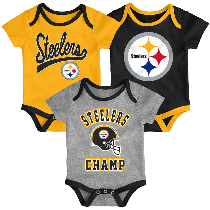 Infant Pittsburgh Steelers Yellow/Black/Heathered Gray Champ 3-Piece Bodysuit Set