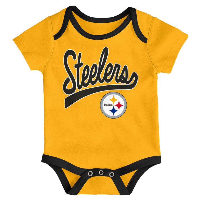 Infant Pittsburgh Steelers Yellow/Black/Heathered Gray Champ 3-Piece Bodysuit Set