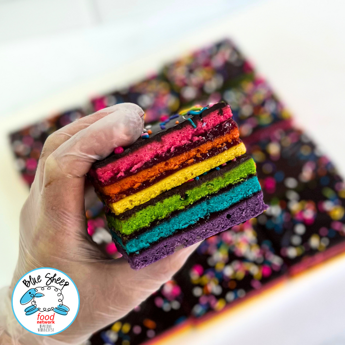 italian rainbow cookie bars - 3 layer pink, orange, yellow