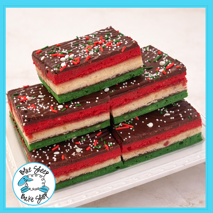 Italian rainbow cookies with chocolate topping and sprinkles from Blue Sheep Bake Shop in Somerville NJ