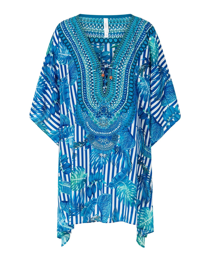 Kaftán corto de mujer para verano, estampado rayas y hojas azules.