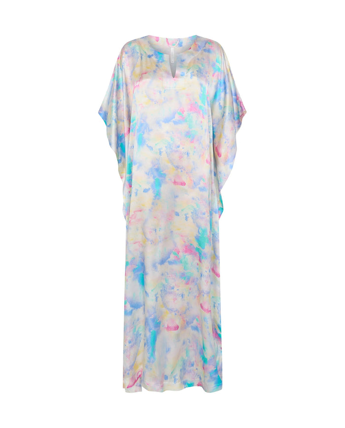 Kaftan de seda natural estampado multicolor con escote redondo y abertura central con manga mariposa al codo