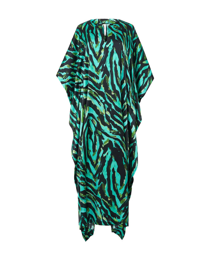 Kaftan de seda natural estampado con escote redondo y abertura central
