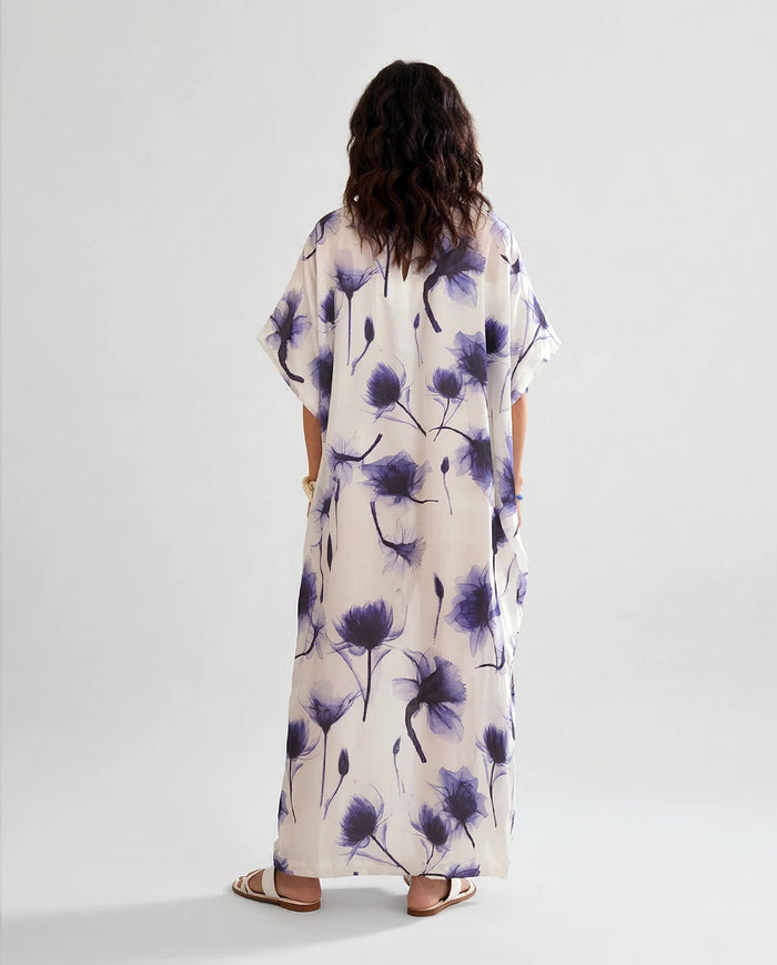 ✅ Kaftan largo blanco estampado flores de seda natural | LOHE ®