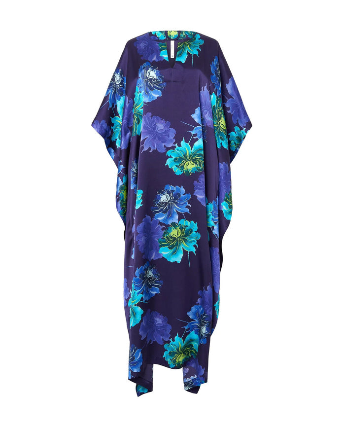 Kaftan de seda natural estampado con escote redondo y abertura central con manga mariposa al codo