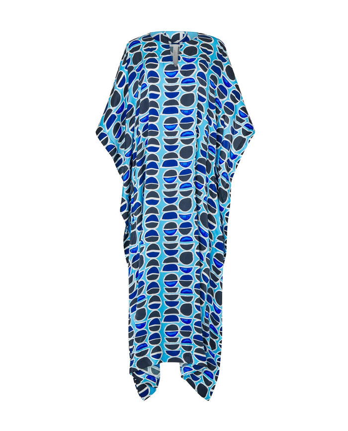 Kaftan de seda natural estampado con escote redondo y abertura central con manga mariposa al codo.