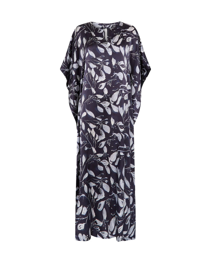 Kaftan de seda natural estampado con escote redondo y abertura central con manga mariposa al codo