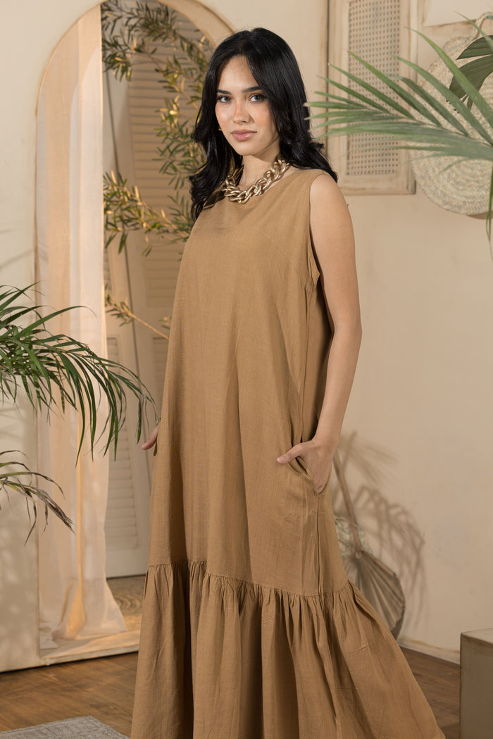 Linen Flowy Dress - Cafe
