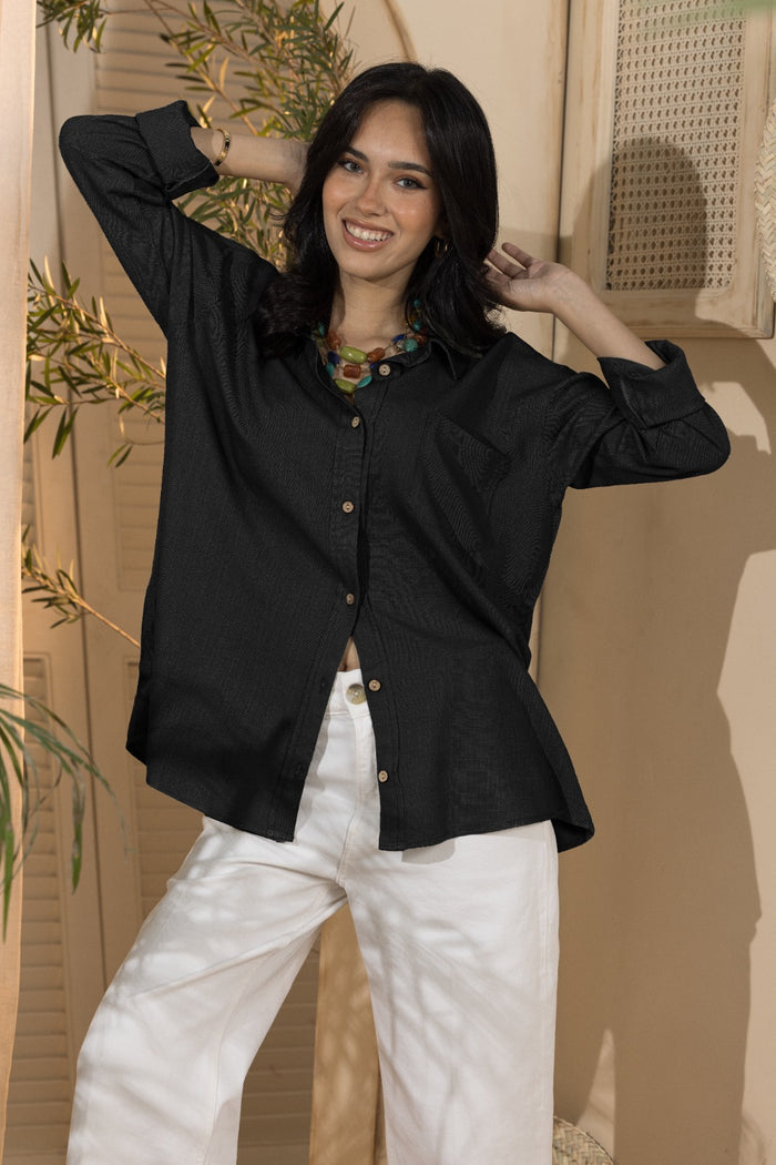 Linen Women's Long Shirt- Black (Size M&L)
