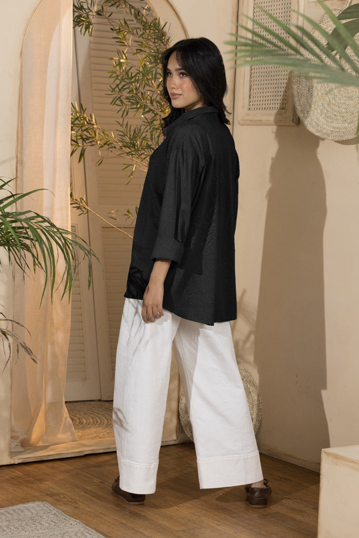 Linen Women's Long Shirt- Black (Size M&L)