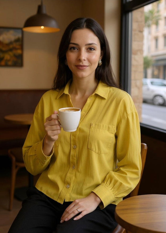 Linen Women's Short Shirt - Yellow-(Size Xl)