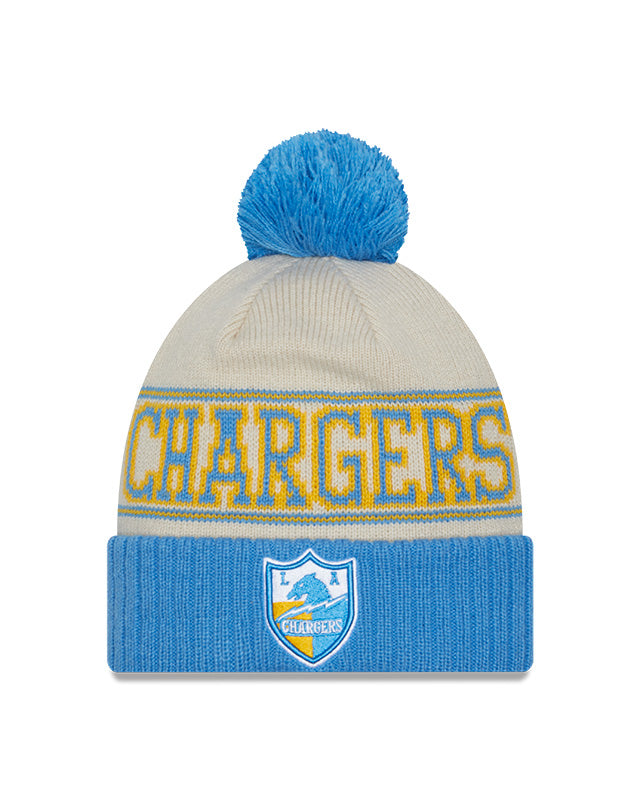 Los Angeles Chargers New Era 2023 Sideline Historic Pom Cuffed Knit Hat - Cream/Blue