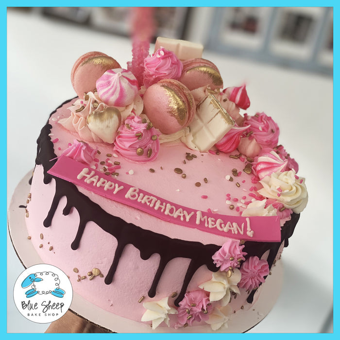 pink and white ice cream drip cake nj