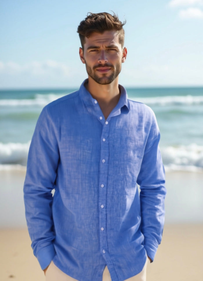 Men's Cotton Linen Shirts - Blue-Comfortable Fit-(Size S.M.XXL)
